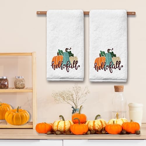 Cotton Embroidered Pumpkin Kitchen Towel Set of 2 - Autumn
