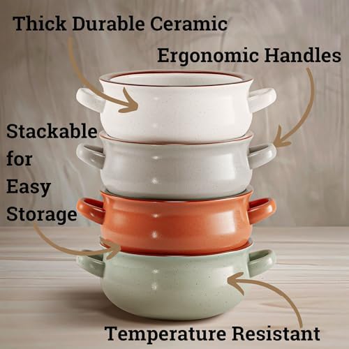 Ceramic Soup Bowls with Handles Set of 4, 20oz Stackable French Onion
