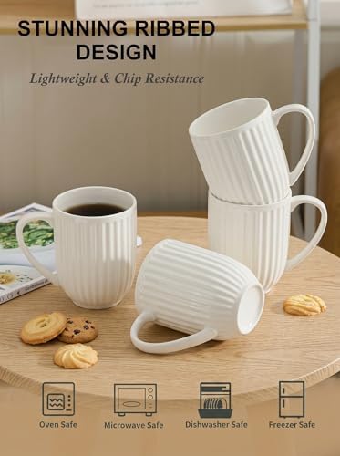 HASENSE Textured Large Coffee Mugs Set of 4, 16 Oz Ribbed Ceramic Cups