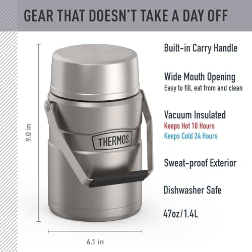 THERMOS Stainless King Food Jar with Handle, 47oz, Matte Stainless