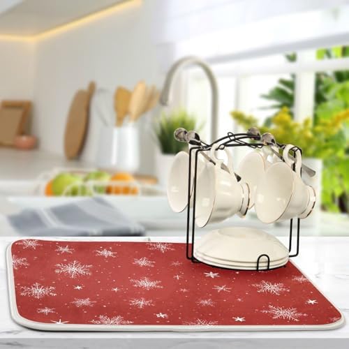 OTVEE Snowflake in Red Tone Dish Drying Mat for Kitchen Counter