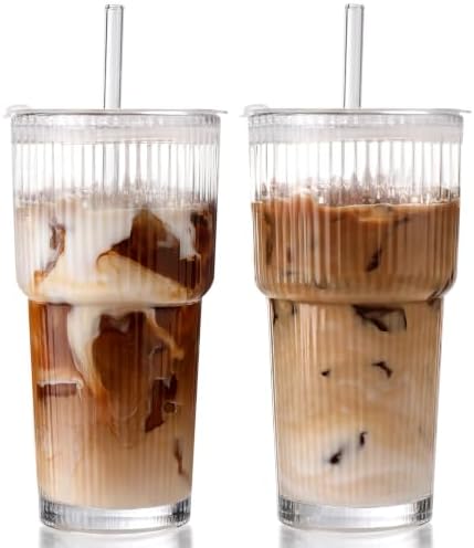 Iced Coffee Cups with Lids,Glass Cups with Lids and Straws,2 Coffee