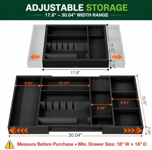 Bamboo Expandable Kitchen Drawer Organizer, 17.8-30 in,Black