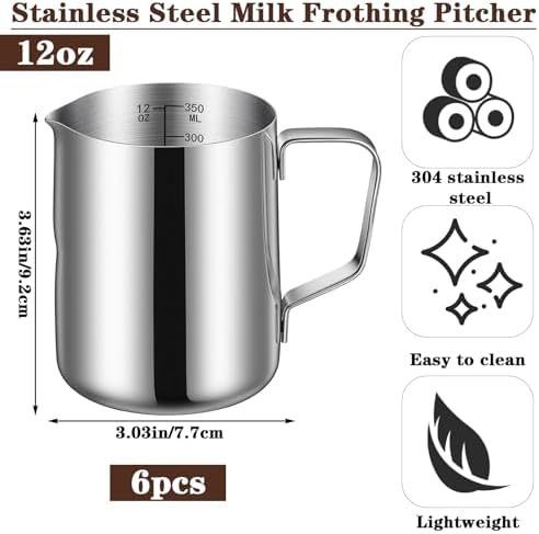 6 Pcs Milk Frothing Pitcher 12 Oz Stainless Steel Steaming Pitcher