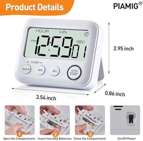 Digital Kitchen Timer Alarm Clock, Large LCD Display, White