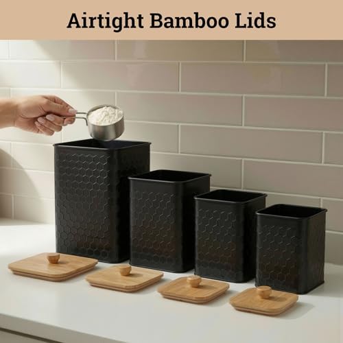 Kitchen Canisters for Countertop Set of 4 w/Airtight Easy Open Bamboo