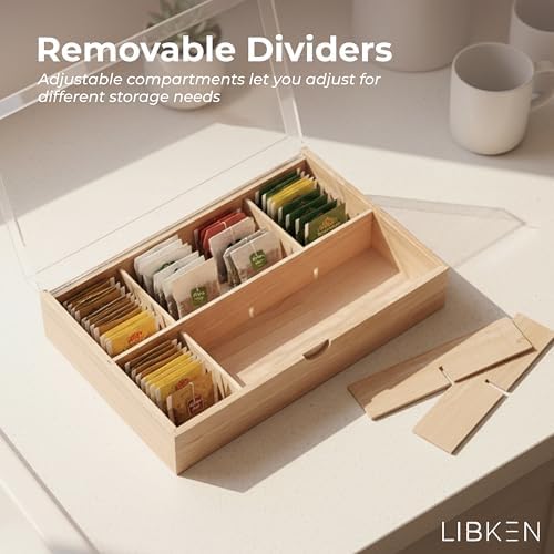 LIBKEN Wooden Tea Bag Organizer Box – 8 Compartment Tea Storage with