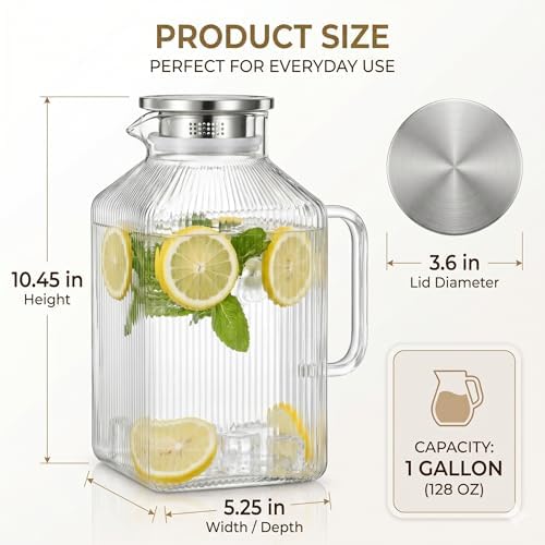 Glass Tea Pitcher, Lumirive 1 Gallon Square Fridge Jug with Strainer