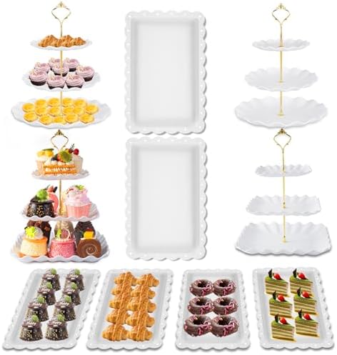 Dessert Table Display Set, 3 Tier Cupcake Stand, White Plastic, 10Pcs