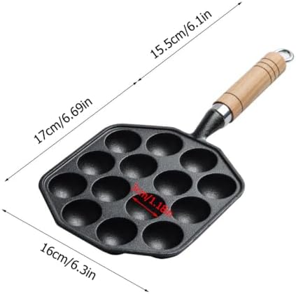 Cast Iron Takoyaki Grill Pan 14 Hole – Uncoated 6.7 Inch Octopus Ball Maker with Wooden Handle for Gas Stovetop, Induction cookers