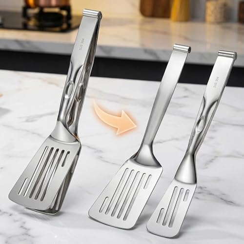 Durable 304 Stainless Steel Spatula Tongs, Rust-Proof 2-in-1 Cooking