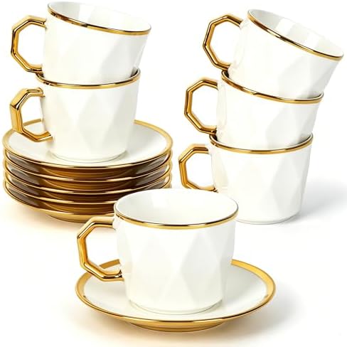 Coffee Cup Set of 6 with Saucers, 3.5 OZ Ceramic Demitasse Espresso