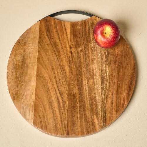 Wooden Round Serving Platter Tray 14'' with Metal Handle | Handmade