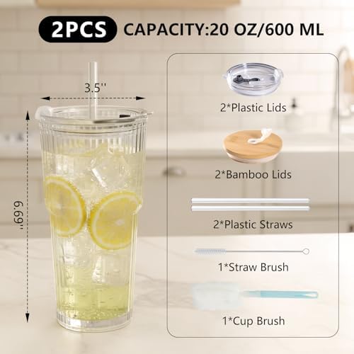 Ruckae Ribbed 2pack 20oz Glass Cups with Bamboo & Plastic Lids and