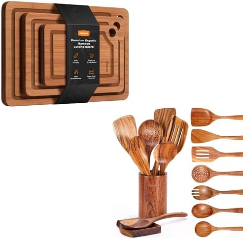 9-Piece Natural Teak Utensil Set with 3-Piece Bamboo Boards