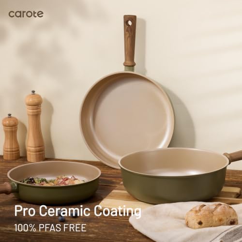 CAROTE 21pcs Ceramic Cookware Set, Pots and Pans Set, Green