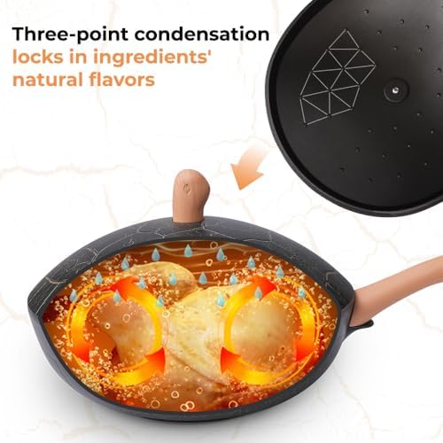 12" Nonstick Wok with Lid, Flat Bottom Titanium Coated Stir Fry Pan