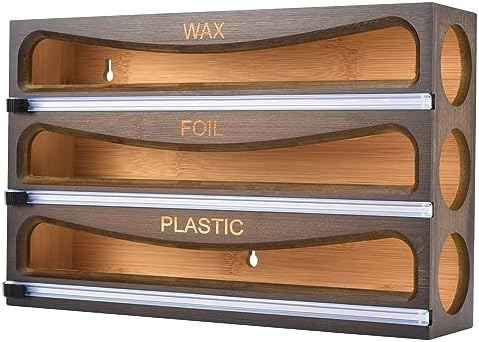 Bamboo Wrap Dispenser with Cutter, Plastic Wrap Organizer, Aluminum Foil Organization, and Wax Paper Dispenser Holder for Kitchen Drawer and Wall, Compatible with 12" Roll (03 Vintage Brown)