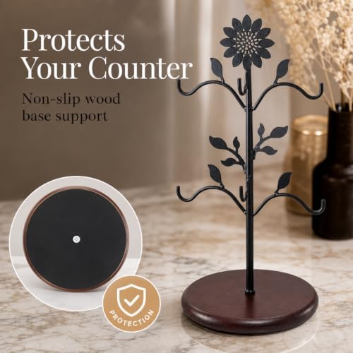 WARMEST SPIRIT Sunflower Coffee Mug Tree, Decorative 6-Hook Black