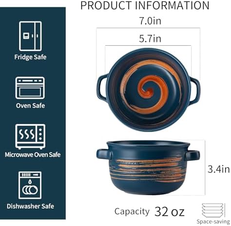 YUN TAO 32oz Large Soup Bowls with Handles, Stoneware Ceramic Deep