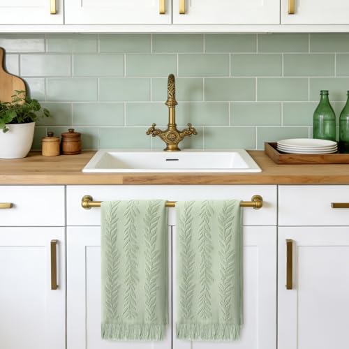JarThenaAMCS 2Pcs Sage Green Leaves Hand Towels with Tassel Eucalyptus