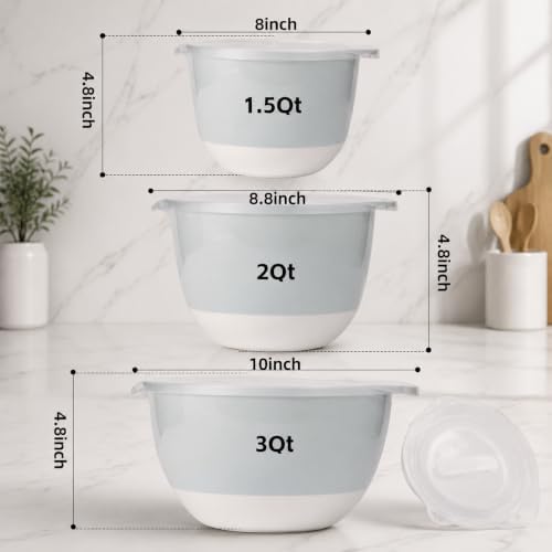3 Pale Blue Plastic Mixing Bowl Set With Lids, Pour Spouts, TPR