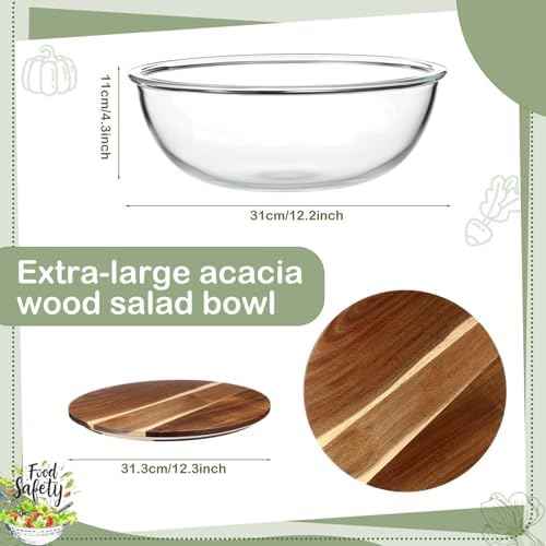 LemonRoad 12 Inch Large Salad Bowl with Acacia Wood Lid Glass Thick