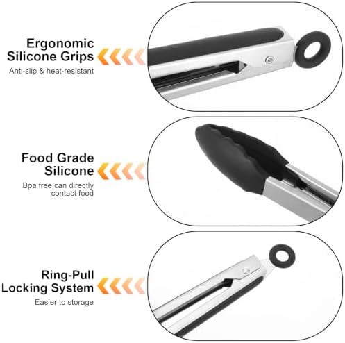 12 Pcs Tongs Set, 7, 9, 12 Inches, Black & Silver