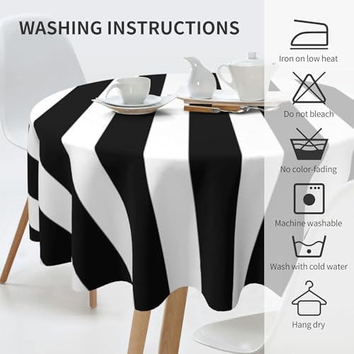 Black White Stripes Round Tablecloth 60 Inch Washable Reusable