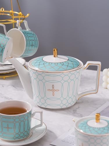 Serve of 4-Blue Teacup Set, with Teapot-Sugar Bowl-Creamer and Holder