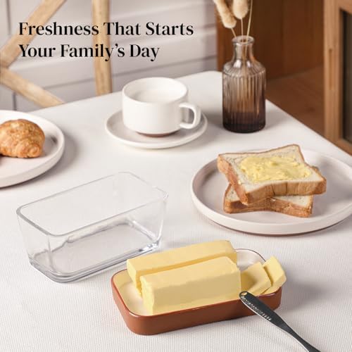 DOWAN Glass Butter Dish with Ceramic Lid, Large Butter Container for 3