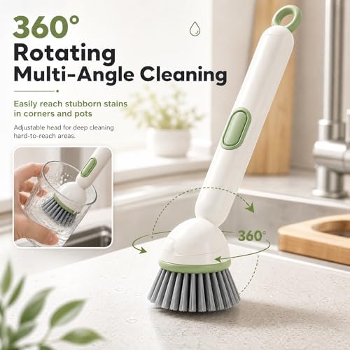 2Pcs 360° Rotating Dish Brush with Soap Dispenser, Non-Slip Long