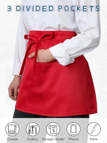 Twistover 5 Pack Red Waist Aprons for Adults 3 Pockets Half Bistro