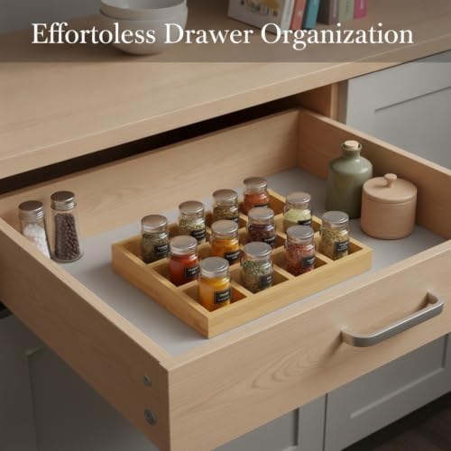 Bamboo Spice Organizer Rack, Compact Drawer Divider Tray for Kitchen