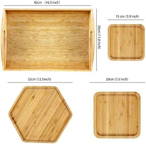 Bamboo 4 Pack Serving Trays for Party Large One with Handle