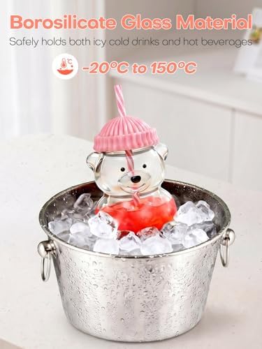 20oz Bear Glass Cup with Lid &Straw 2 Pack, Reusable Glass Drinking
