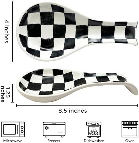 BIEN BEAU Ceramic Spoon Rest, Checkered Utensil Holder, Black White