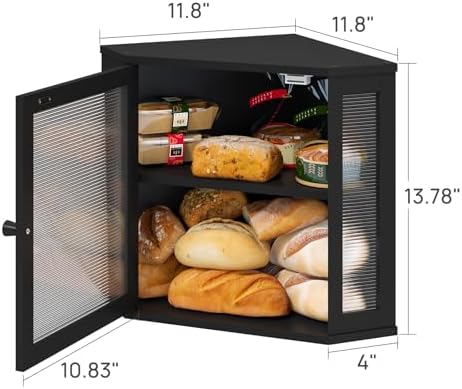 viewcare Corner Bread Box for Kitchen Counter, Bamboo Wood Black Bread Box, Large Capacity Bread Storage Bin with Acrylic Wavy Door Panel (Black, Meduim)