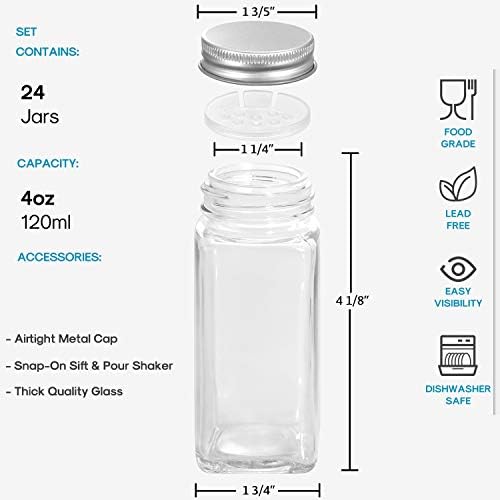 AOZITA 24 Pcs Glass Spice Jars with Labels - 4oz Empty Square Spice