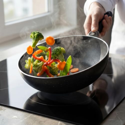 11-Inch Nonstick Flat-Bottom Wok with Glass Lid, Induction Stir-Fry and Saute Pan for Vegetables, Noodles and One-Pan Meals, Aluminum Wok for All Stovetops