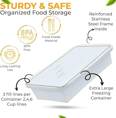 (2 Pack Large Silicone Freezer Containers For Soup, Pasta Sauce, Leftovers, Broth - 6 Cup White Reusable BPA Free Non Plastic Food Storage Freezing Ice Trays With Lids & Measurement Lines
