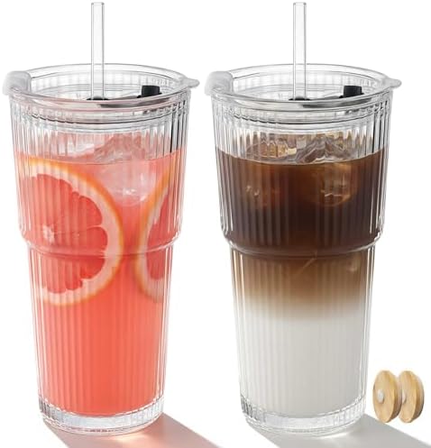 Ruckae Ribbed 2pack 20oz Glass Cups with Bamboo & Plastic Lids and