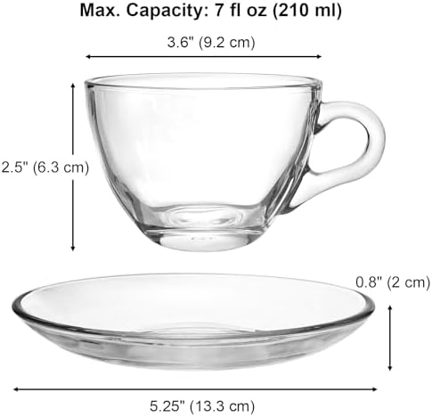 Tosnail 6 Pack 7-Ounce Glass Tea Cups and Saucers Sets Glass Coffee