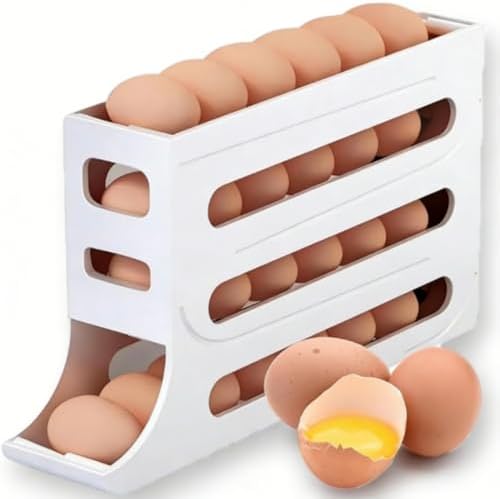 28 Egg Holder for Fridge, 4-Tier Auto Rolling Egg Organizer for