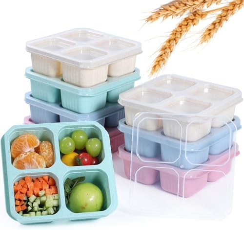 8 Pack Wheat Straw Snack Containers, 4-Compartment Reusable Bento Box