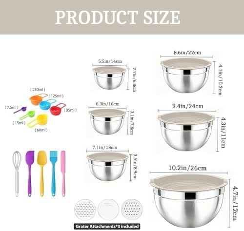 Khaki Stainless Steel Mixing Bowls with Lids Set, 6pcs