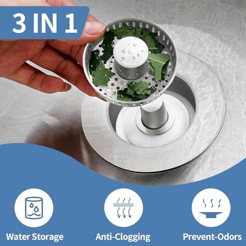 Kitchen Sink Drain Strainer,Stainless Steel 3-in-1 Pop-up Sink Stopper
