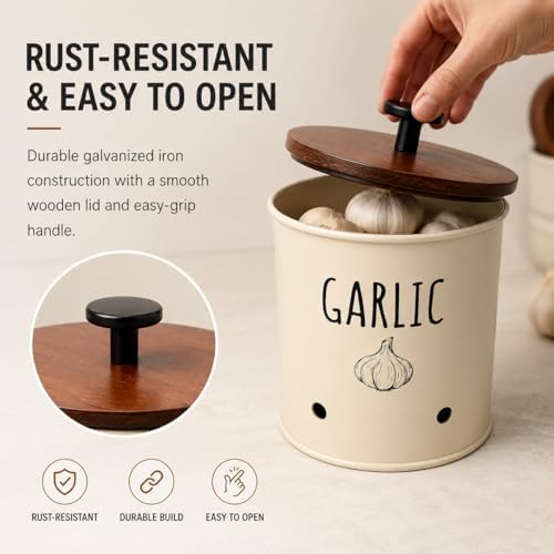 Garlic Keeper for Counter with Wooden Lid - Nordic Design Garlic