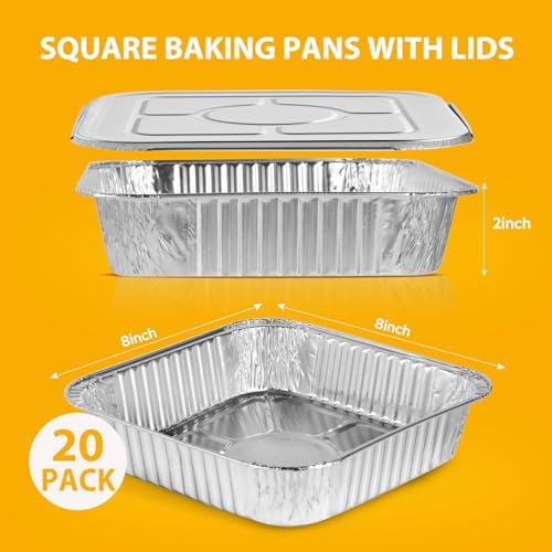 8"x8" Disposable Aluminum Foil Pans with lid - 20 Pack Square Baking