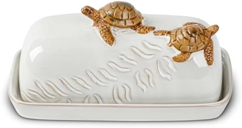 Ceramic Sea Turtle Covered Butter Dish White Coastal Butter Keeper